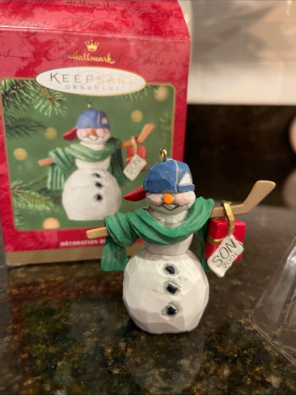 2001 “Son” Hallmark Keepsake Ornament - Blue & Green Snowman - Hockey